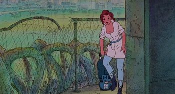 Movie still from “Heavy Metal” (1981), directed by Gerald Potterton – An animated picture of a woman holding a suitcase; Wide shot, Low angle