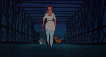 Movie still from “Heavy Metal” (1981), directed by Gerald Potterton – A woman walking down a street holding a suitcase; Wide shot, Low angle