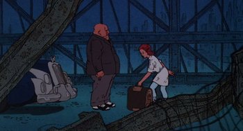 Movie still from “Heavy Metal” (1981), directed by Gerald Potterton – An animated scene of a man and a woman with suitcases; Wide shot, Low angle