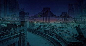 Movie still from “Heavy Metal” (1981), directed by Gerald Potterton – An artistic drawing of a city at night with a bridge in the background; Extreme Wide shot, High angle