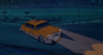 Movie still from “Heavy Metal” (1981), directed by Gerald Potterton – An animated car is shown in a cartoon; Extreme Wide shot, Low angle