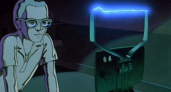Movie still from “Heavy Metal” (1981), directed by Gerald Potterton – An animated picture of a man and a car with an electric shock coming out of it; Medium shot, Low angle
