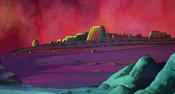 Movie still from “Heavy Metal” (1981), directed by Gerald Potterton – An oil painting of a desert scene with mountains in the background; Extreme Wide shot, Low angle