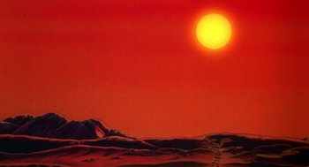 Movie still from “Heavy Metal” (1981), directed by Gerald Potterton – The sun is setting over a desert landscape; Extreme Wide shot, Low angle