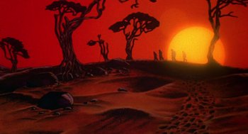 Movie still from “Heavy Metal” (1981), directed by Gerald Potterton – A painting of the sun setting in the desert; Extreme Wide shot, Low angle