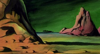 Movie still from “Heavy Metal” (1981), directed by Gerald Potterton – A painting of a beach with a tree in the background; Extreme Wide shot, Low angle