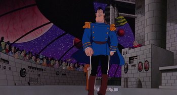 Movie still from “Heavy Metal” (1981), directed by Gerald Potterton – A man in a uniform standing in front of an audience; Wide shot, Low angle