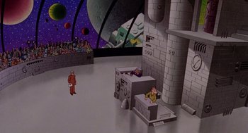 Movie still from “Heavy Metal” (1981), directed by Gerald Potterton – An animated scene of a space station with people in the background; Extreme Wide shot, High angle