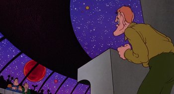 Movie still from “Heavy Metal” (1981), directed by Gerald Potterton – An animated scene of a man looking up at the sky; Medium shot, Low angle