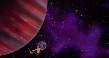 Movie still from “Heavy Metal” (1981), directed by Gerald Potterton – A painting of a man floating in the sky with the moon; Extreme Wide shot, Overhead angle