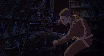 Movie still from “Heavy Metal” (1981), directed by Gerald Potterton – An animation of a man with a yellow hair piece; Medium shot, Low angle