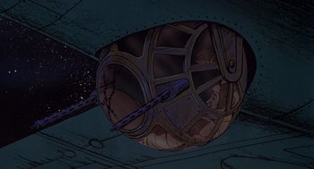 Movie still from “Heavy Metal” (1981), directed by Gerald Potterton – An image of a space ship in the sky; Close Up shot, Overhead angle