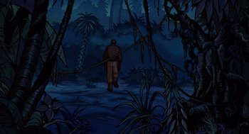 Movie still from “Heavy Metal” (1981), directed by Gerald Potterton – A man is walking through the jungle at night; Wide shot, High angle