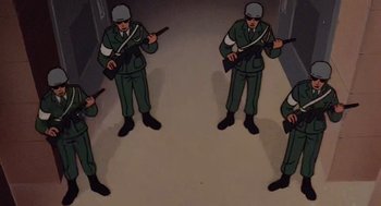 Movie still from “Heavy Metal” (1981), directed by Gerald Potterton – A group of men standing in a room holding guns; Wide shot, Low angle