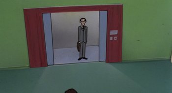 Movie still from “Heavy Metal” (1981), directed by Gerald Potterton – A man in a suit standing in front of an open door; Wide shot, High angle