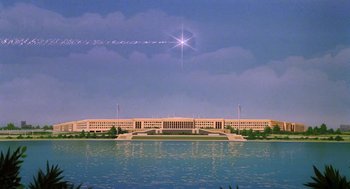Movie still from “Heavy Metal” (1981), directed by Gerald Potterton – An artistic rendering of a large building with a bridge in front of it; Extreme Wide shot, Low angle