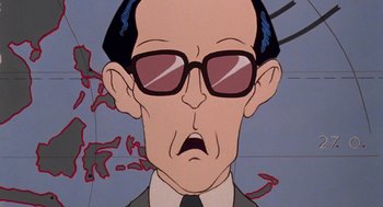 Movie still from “Heavy Metal” (1981), directed by Gerald Potterton – An animated picture of a man wearing glasses; Close Up shot, Low angle