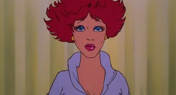 Movie still from “Heavy Metal” (1981), directed by Gerald Potterton – An animated picture of a woman with red hair and blue eyes; Close Up shot, Low angle