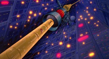 Movie still from “Heavy Metal” (1981), directed by Gerald Potterton – An illustration of a space station in the middle of a city; Extreme Wide shot, Low angle