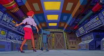 Movie still from “Heavy Metal” (1981), directed by Gerald Potterton – A woman and a man are standing in front of a building; Wide shot, Low angle