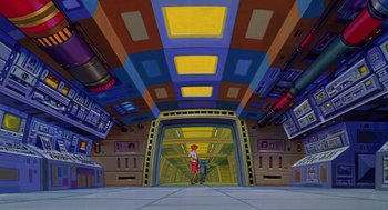 Movie still from “Heavy Metal” (1981), directed by Gerald Potterton – A person standing in front of an entrance to a building; Extreme Wide shot, Low angle