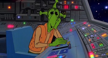 Movie still from “Heavy Metal” (1981), directed by Gerald Potterton – An animated character sitting at a desk in a space station; Medium shot, Over the shoulder angle