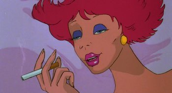 Movie still from “Heavy Metal” (1981), directed by Gerald Potterton – An animated picture of a woman smoking a cigarette; Close Up shot, Low angle