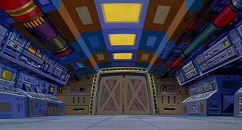 Movie still from “Heavy Metal” (1981), directed by Gerald Potterton – A large room with a lot of windows and doors; Wide shot, Low angle