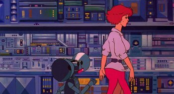 Movie still from “Heavy Metal” (1981), directed by Gerald Potterton – An animated scene of a woman and a robot; Medium shot, Low angle