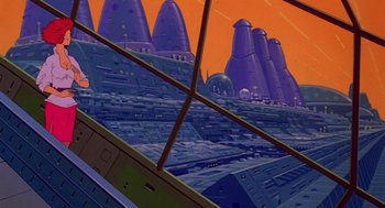 Movie still from “Heavy Metal” (1981), directed by Gerald Potterton – A painting of a city in the middle of the night; Extreme Wide shot, Low angle