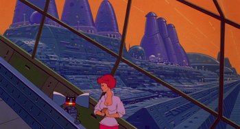 Movie still from “Heavy Metal” (1981), directed by Gerald Potterton – A woman standing in front of an alien landscape; Extreme Wide shot, Low angle