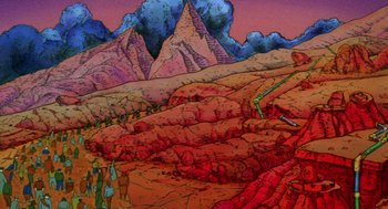 Movie still from “Heavy Metal” (1981), directed by Gerald Potterton – An artistic drawing of a desert landscape with mountains in the background; Extreme Wide shot, High angle