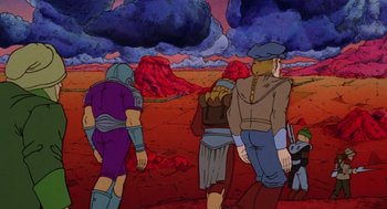 Movie still from “Heavy Metal” (1981), directed by Gerald Potterton – A group of people walking across a barren field; Wide shot, High angle