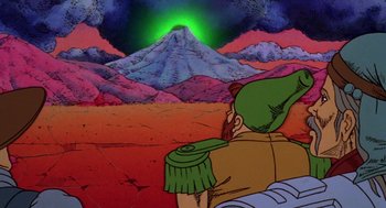 Movie still from “Heavy Metal” (1981), directed by Gerald Potterton – An image of an animated scene with a man in a green hat; Extreme Wide shot, Over the shoulder angle