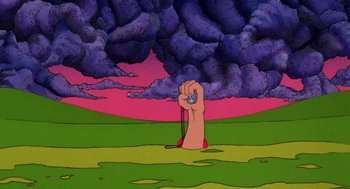 Movie still from “Heavy Metal” (1981), directed by Gerald Potterton – A hand holding a cell phone in a field with purple clouds in the background; Extreme Wide shot, Low angle