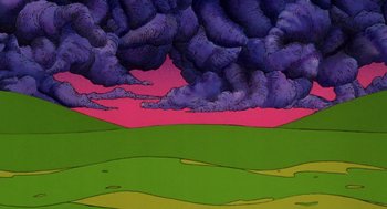 Movie still from “Heavy Metal” (1981), directed by Gerald Potterton – A painting of a field with purple clouds in the background; Extreme Wide shot, Low angle