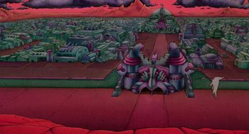 Movie still from “Heavy Metal” (1981), directed by Gerald Potterton – An image of an animated scene of a city; Extreme Wide shot, High angle