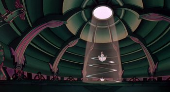 Movie still from “Heavy Metal” (1981), directed by Gerald Potterton – A cartoon picture of a stage with a light shining through the ceiling; Extreme Wide shot, Low angle