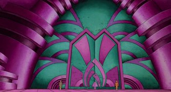 Movie still from “Heavy Metal” (1981), directed by Gerald Potterton – A green and purple room with two people standing in front of it; Extreme Wide shot, High angle