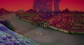 Movie still from “Heavy Metal” (1981), directed by Gerald Potterton – An image of an animated scene of a city; Extreme Wide shot, High angle