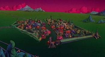 Movie still from “Heavy Metal” (1981), directed by Gerald Potterton – An animated picture of a group of people on a boat; Extreme Wide shot, High angle