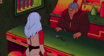 Movie still from “Heavy Metal” (1981), directed by Gerald Potterton – An animated scene of a woman looking at a man in the mirror; Medium shot, Over the shoulder angle