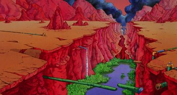 Movie still from “Heavy Metal” (1981), directed by Gerald Potterton – A painting of a river running through a valley; Extreme Wide shot, High angle