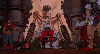 Movie still from “Heavy Metal” (1981), directed by Gerald Potterton – An illustration of a demon sitting on top of a throne; Wide shot, High angle