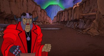 Movie still from “Heavy Metal” (1981), directed by Gerald Potterton – An animated picture of a man in a red jacket; Medium shot, High angle