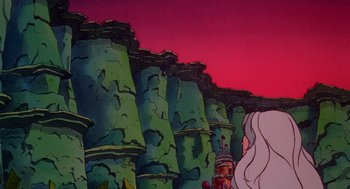 Movie still from “Heavy Metal” (1981), directed by Gerald Potterton – A painting of a woman standing in front of a bunch of trees; Extreme Wide shot, Low angle