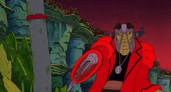 Movie still from “Heavy Metal” (1981), directed by Gerald Potterton – An animated picture of a man holding a knife; Medium shot, Low angle