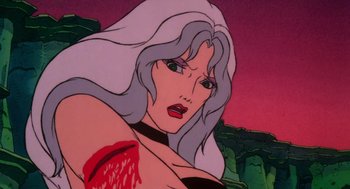 Movie still from “Heavy Metal” (1981), directed by Gerald Potterton – A woman's face in a cartoon; Close Up shot, Low angle