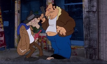 Movie still from “Heavy Traffic” (1973), directed by Ralph Bakshi – A group of men standing next to each other on the sidewalk; Medium shot, Low angle