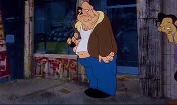 Movie still from “Heavy Traffic” (1973), directed by Ralph Bakshi – A cartoon of a man holding a gun in his hand; Medium shot, Low angle